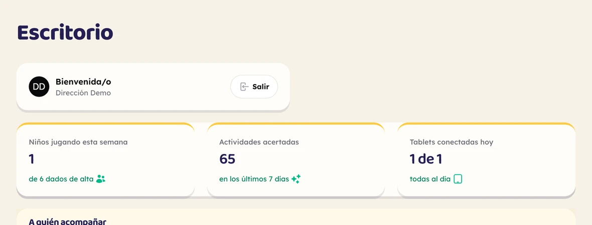 Resumen del portal de Jambo con uso semanal, actividades acertadas y estado de tablets
